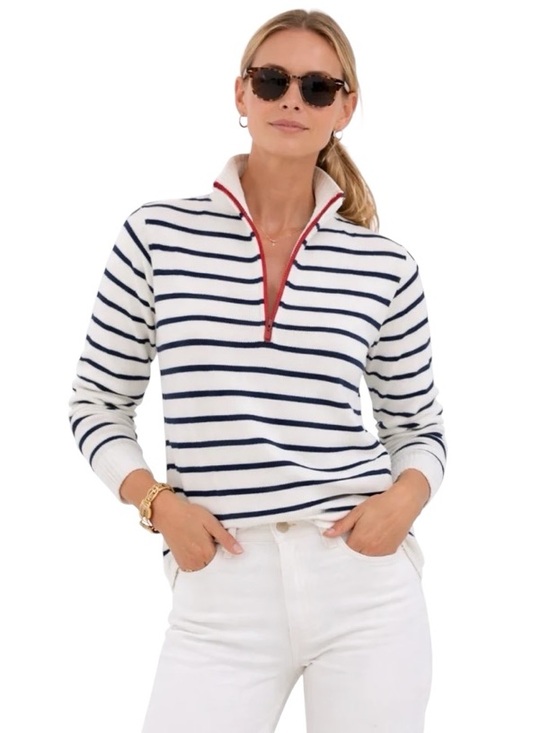 Pink Pineapple Tops - PINK PINEAPPLE 1/2 Zip Striped Cotton Sweater In White/Navy With Hearts on Elbow